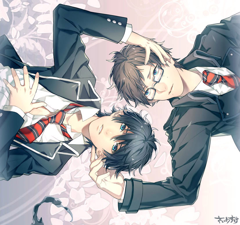 ao_no_exorcist, black_hair, blue_eyes, brothers, brown_hair, glasses, japants, male