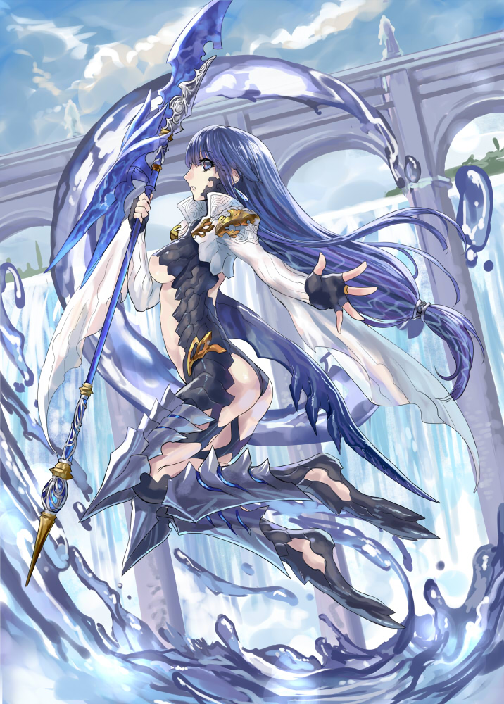 armor, ass, blue_eyes, blue_hair, bodysuit, bolero, breasts, cropped_jacket, earrings, fingerless_gloves, gloves, jewelry, long_hair, low-tied_long_hair, original, polearm, ran'ou_(tamago_no_kimi), ran'ou_(tamago_no_kimi), solo, water, weapon, wide_sleeves