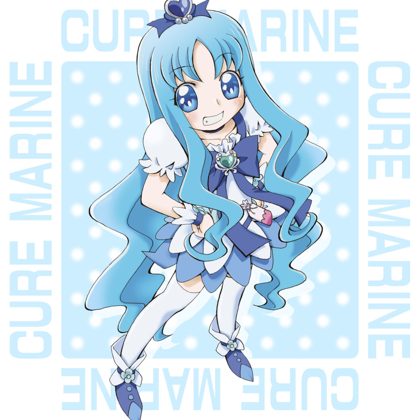blue_eyes, blue_hair, boo_(takagi), character_name, cure_marine, hands_on_hips, heart, heartcatch_precure!