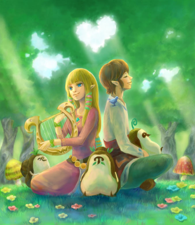 blonde_hair, blue_eyes, bracelet, closed_eyes, erla, eyes_closed, flower, harp
