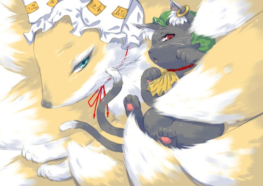 chen, chen_(cat), fox, mutsutsu, no_humans, tail, tail_hug, touhou