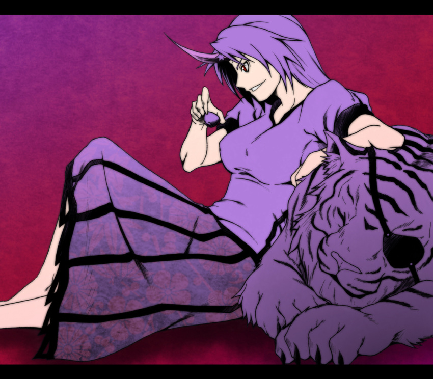 artist_request, closed_eyes, eyepatch, eyes_closed, horn, hoshiguma_yuugi, letterboxed, long_hair, long_skirt, monochrome, noir846, profile, purple, sakazuki, skirt, sleeping, solo, tiger, touhou