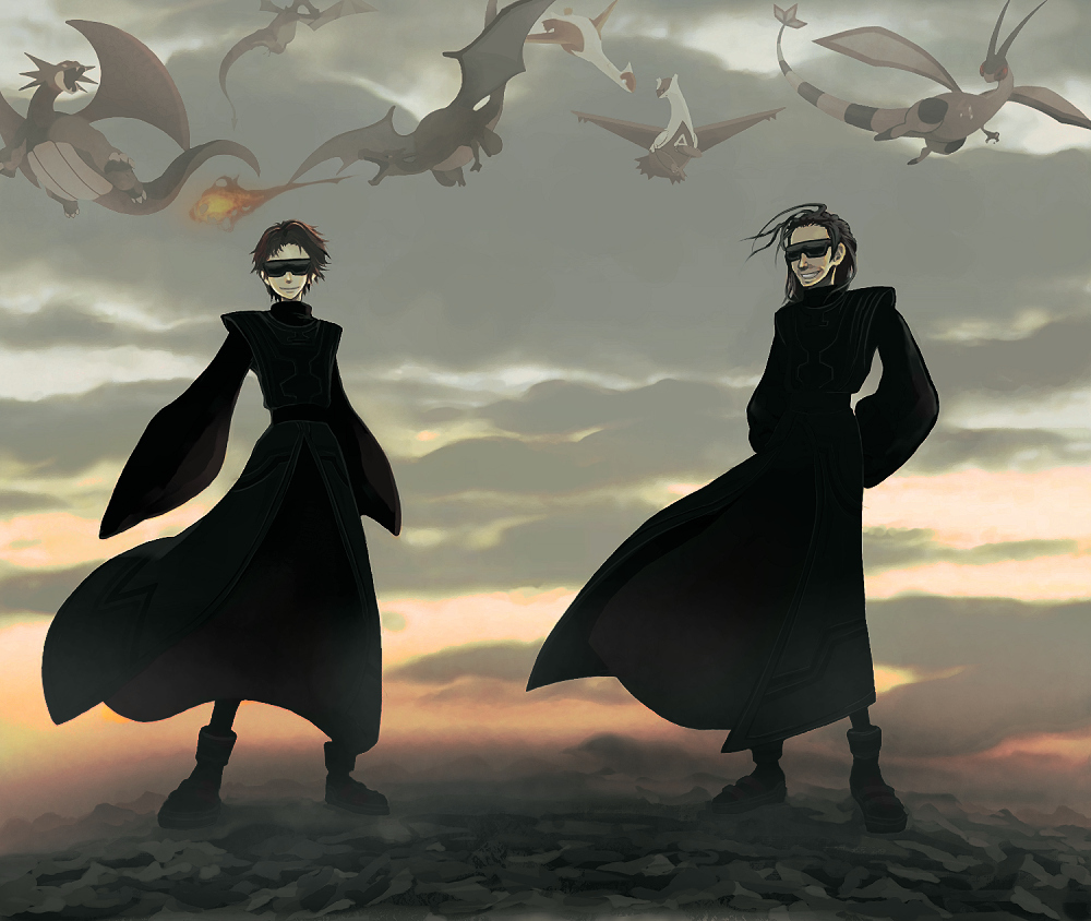 aerodactyl, ardos, arms_behind_back, brown_hair, charizard, cloud, clouds, coat