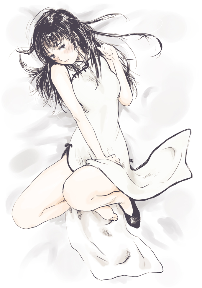 black_hair, blush, china_dress, chinese_clothes, iro_(waterloafer), long_hair, looking_at_viewer, lying