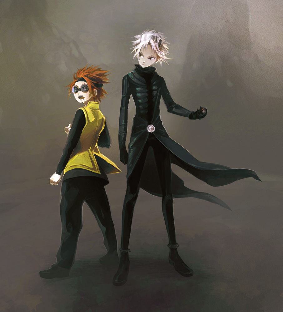 2boys, back-to-back, brown_hair, coat, gloves, goggles, hairband, height_difference