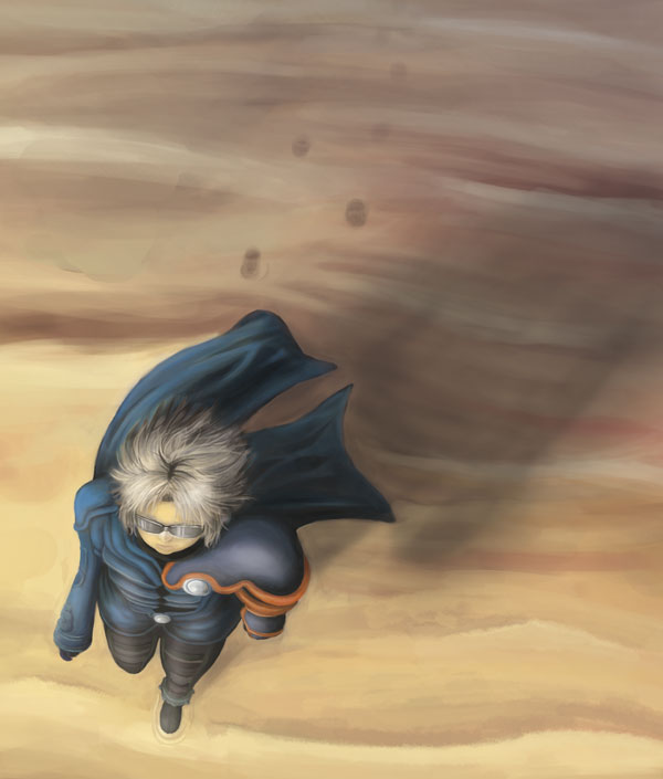 1boy, coat, desert, footprints, from_above, goggles, grey_hair, leo_(pokemon)