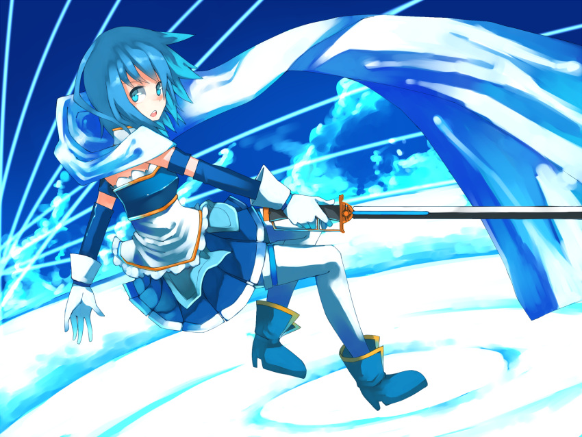armband, blue_eyes, blue_hair, cape, cloud, clouds, gloves, highres