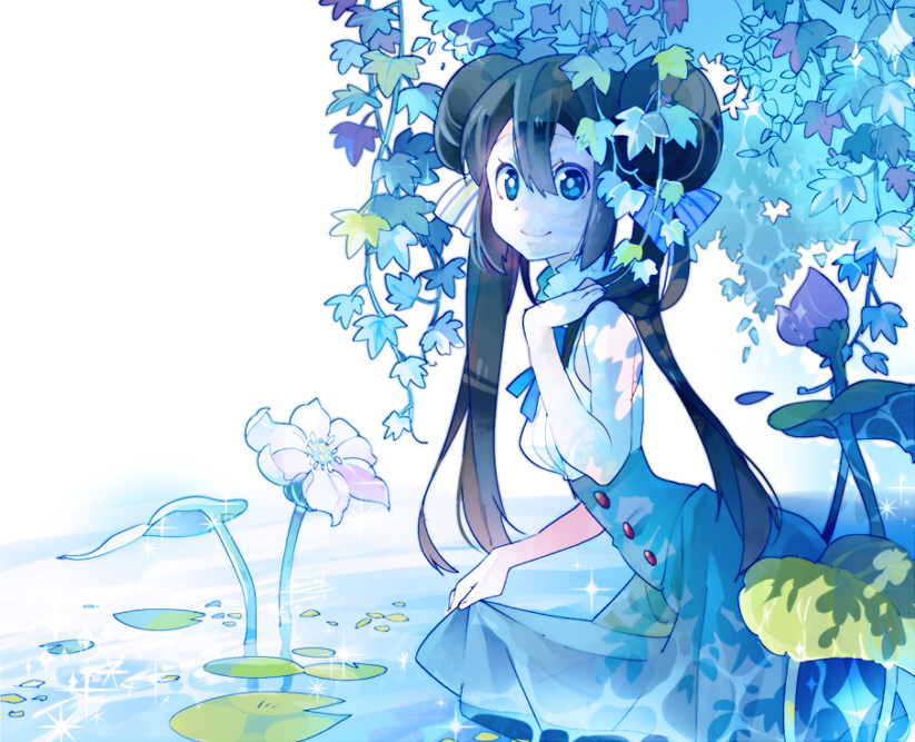 alternate_costume, blue_dress, blue_eyes, brown_hair, double_bun, dress, hair_ribbon, leaf