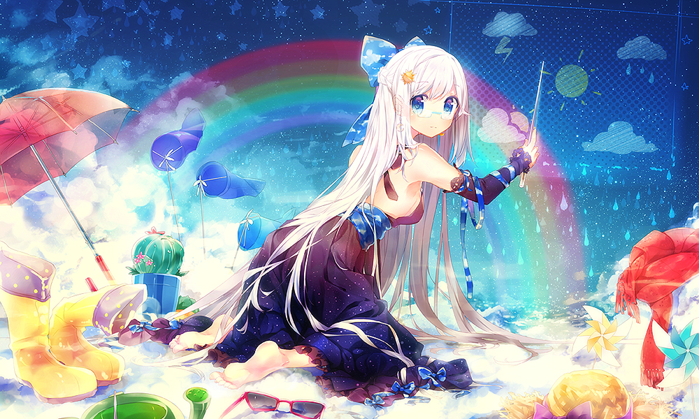 bare_shoulders, barefoot, baton_(instrument), black_dress, blue-framed_glasses, blue_eyes, boots, bow