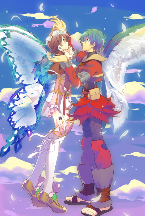 1girl, baten_kaitos, baten_kaitos_origins, brown_eyes, brown_hair, butterfly_wings, cloud, clouds