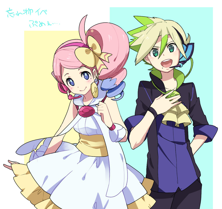 1girl, ahoge, arm_behind_back, arm_up, bangs, blue_eyes, blue_hair, blush, cravat, dress, drill_hair, green_eyes, green_hair, hair_between_eyes, hair_ribbon, hand_on_own_chest, headset, height_difference, leaning, leaning_forward, looking_at_viewer, microphone, mole, multicolored_hair, open_mouth, pink_hair, poke_ball, pokemon, pokemon_(game), pokemon_bw2, ribbon, ruri_(pokemon), shuri_(84k), side_ponytail, sleeveless, sleeves_folded_up, smile, spiked_hair, swept_bangs, teeth, tetsu_(pokemon), wrist_cuffs, wristband