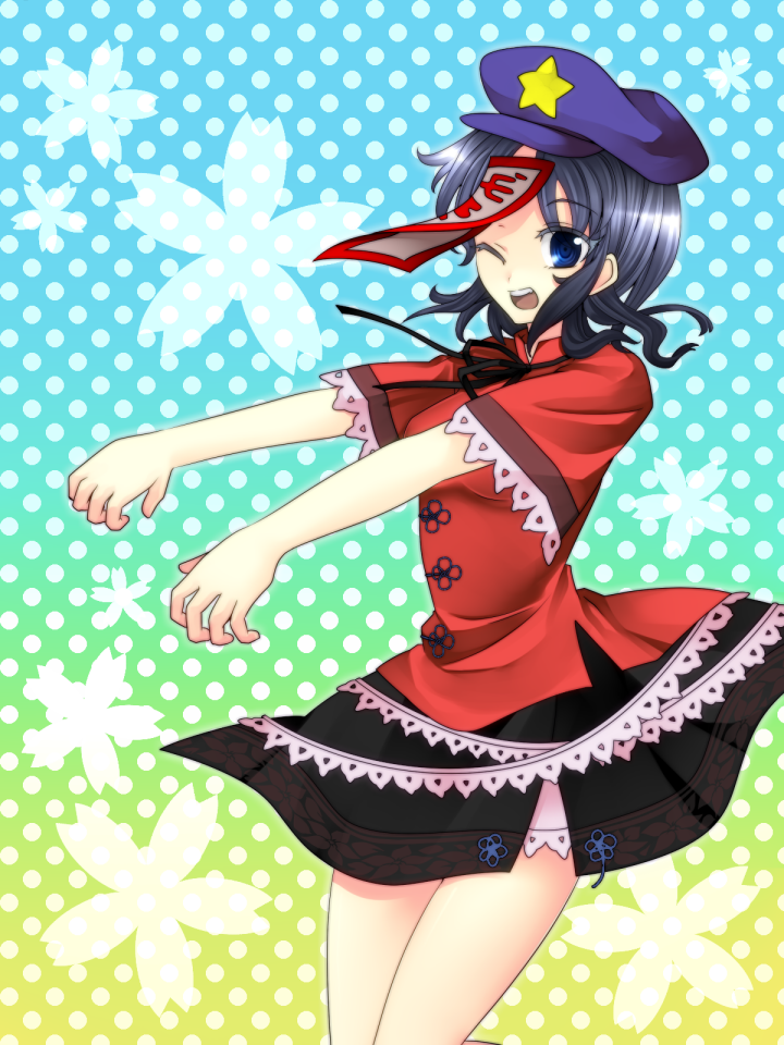 :d, blue_eyes, hat, jiangshi, miyako_yoshika, ofuda, open_mouth, outstretched_arms