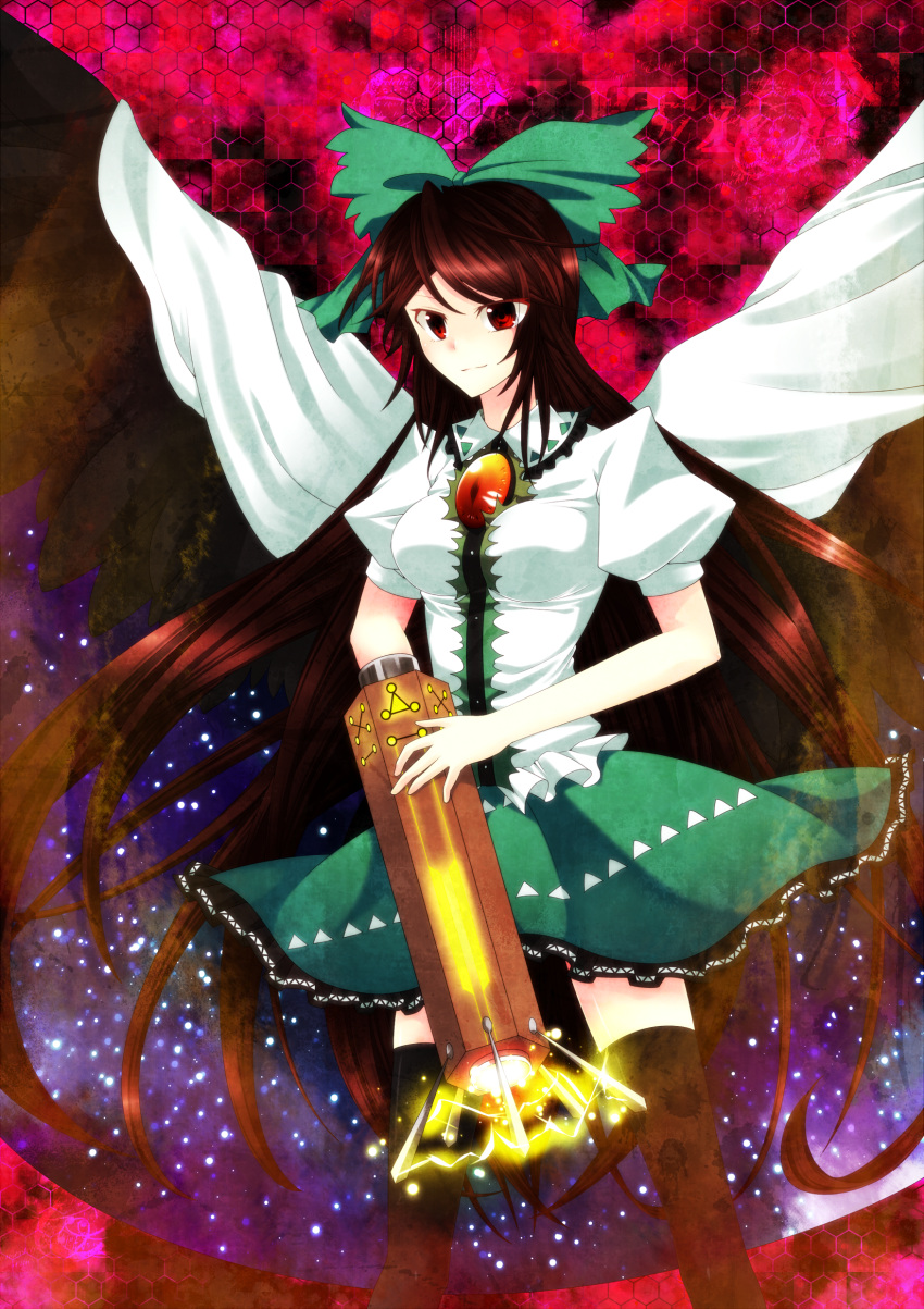 absurdres, arm_cannon, black_legwear, black_wings, bow, brown_hair, cape, hair_bow