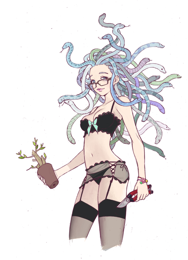 black_bra, black_legwear, black_panties, blue_eyes, bra, breasts, garter_belt, garter_straps, glasses, greek_mythology, medusa, monster_girl, navel, original, panties, secateurs, smile, snake, snake_hair, solo, thigh-highs, thighhighs, underwear, yoyo_(harapeko)