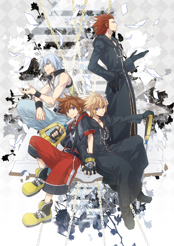 axel, blonde_hair, blue_eyes, brown_hair, cloak, keyblade, kingdom_hearts, kingdom_hearts_3d_dream_drop_distance, lea, lea_(kingdom_hearts), male, multiple_boys, organization_xiii, red_hair, redhead, riku, roxas, short_hair, shorts, silver_hair, sora_(kingdom_hearts), xia_(ryugo)