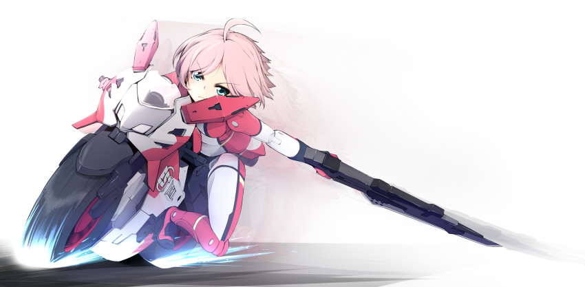 ahoge, blue_eyes, busou_shinki, doll_joints, estoril, gun, highres, momo_(higanbana_and_girl), motocycle, motor_vehicle, pink_hair, short_hair, solo, sword, vehicle, weapon