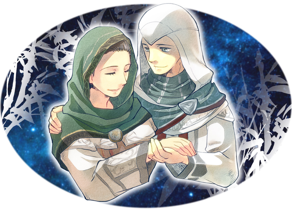1girl, altair_ibn_la-ahad, assassin's_creed, assassin's_creed, closed_eyes, couple, eyes_closed, hood