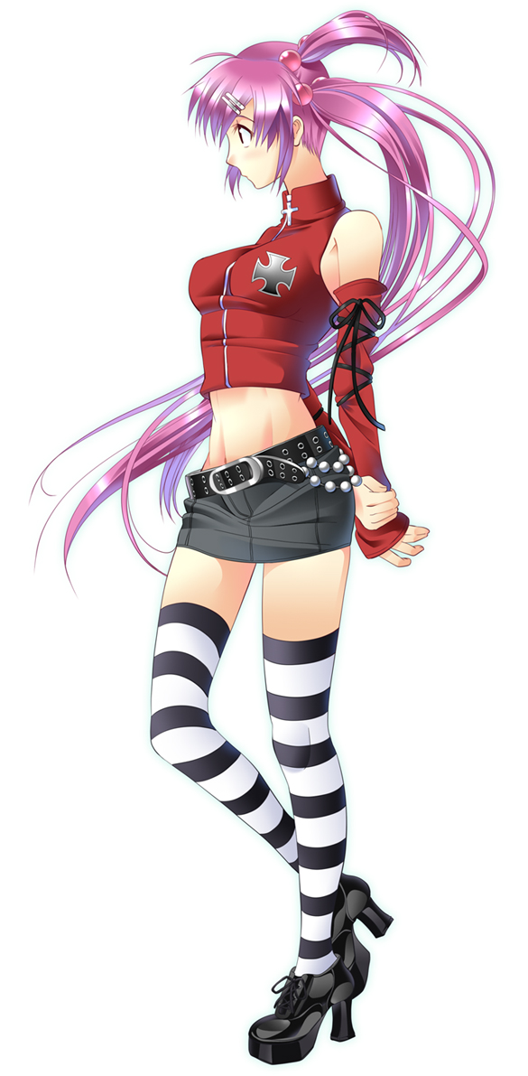 bare_shoulders, belt, cross, denim_skirt, detached_sleeves, hair_bobbles, hair_ornament, hairpin