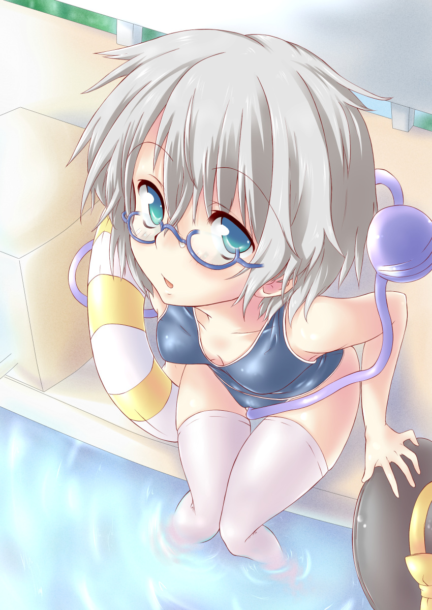 absurdres, bespectacled, glasses, green_eyes, hat, hat_removed, headwear_removed, highres, innertube, komeiji_koishi, one-piece_swimsuit, open_mouth, pool, school_swimsuit, shinrutyu, short_hair, silver_hair, sitting, solo, swimsuit, thigh-highs, thighhighs, third_eye, touhou, water, white_legwear