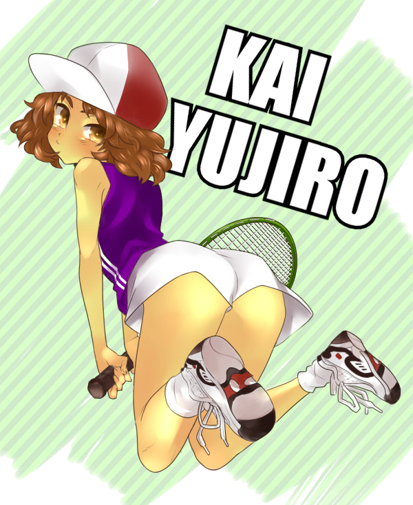 1boy, androgynous, ass, baseball_cap, blush, brown_eyes, brown_hair, from_behind, hat, kai_yuujirou, msp_sammy, racket, shoes, short_hair, sneakers, tennis_no_ouji-sama, tennis_racket, trap