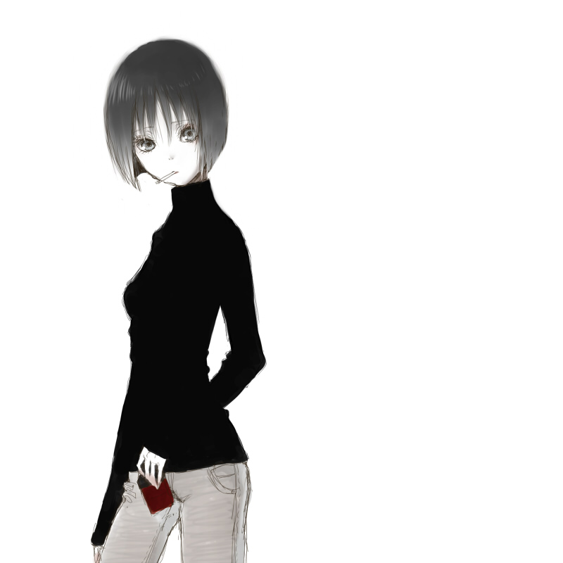 black_hair, cigarette, jeans, kusanagi_suito, lighter, short_hair, the_sky_crawlers, turtleneck