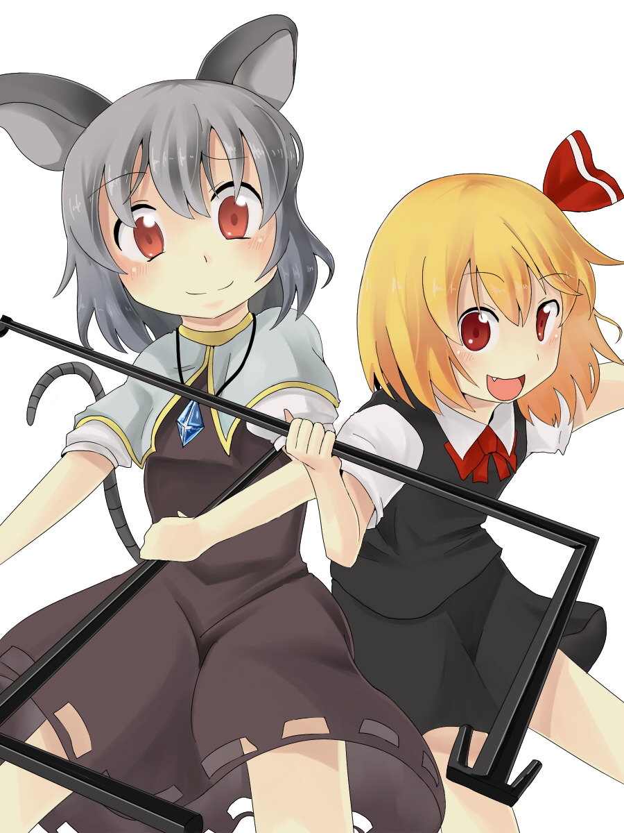 animal_ears, blonde_hair, capelet, dowsing_rod, fang, grey_hair, highres, jewelry