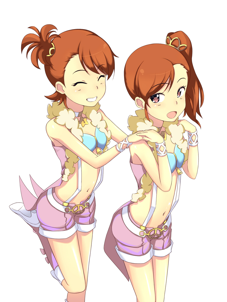 brown_eyes, brown_hair, closed_eyes, futami_ami, futami_mami, grin, highres, idolmaster, idolmaster_2, jewelry, kani_get, long_hair, midriff, navel, shorts, siblings, side_ponytail, smile, suspenders