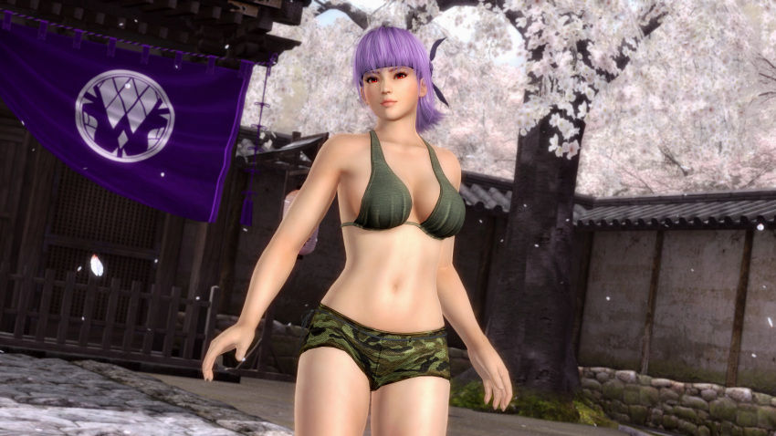 1girl, ayane, ayane_(doa), dead_or_alive, dead_or_alive_5, large_breasts, purple_hair, red_eyes
