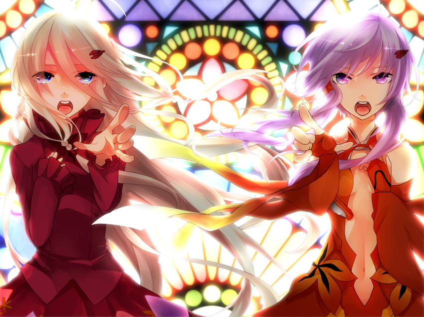 2girls, blue_eyes, cosplay, floating_hair, guilty_crown, hairpin, hand_on_own_chest, ia