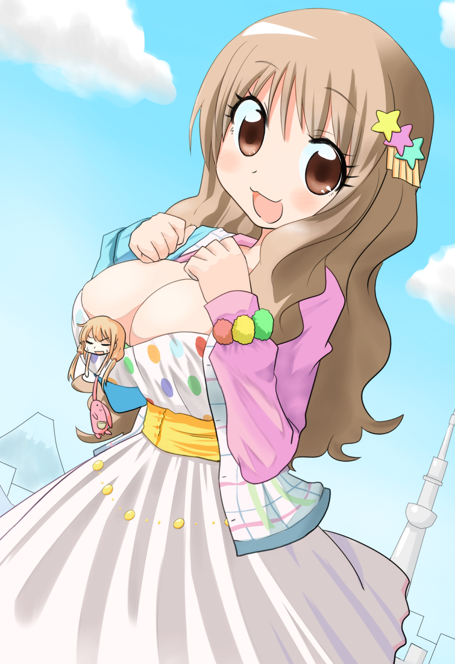 between_breasts, blonde_hair, breasts, brown_eyes, brown_hair, cleavage, dress, futaba_anzu, giantess, hair_ornament, hairclip, highres, hottan!, idolmaster, idolmaster_cinderella_girls, large_breasts, minigirl, moroboshi_kirari, multiple_girls, open_mouth, smile, star_hair_ornament, stuffed_animal, stuffed_bunny, stuffed_toy, twintails