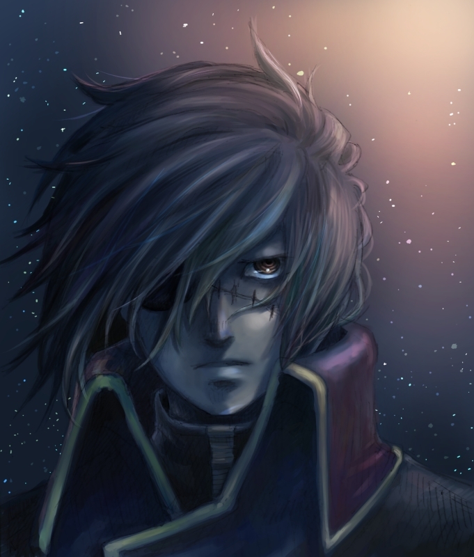 70s, 80s, brown_eyes, brown_hair, epic, eyepatch, harlock, harlock_saga