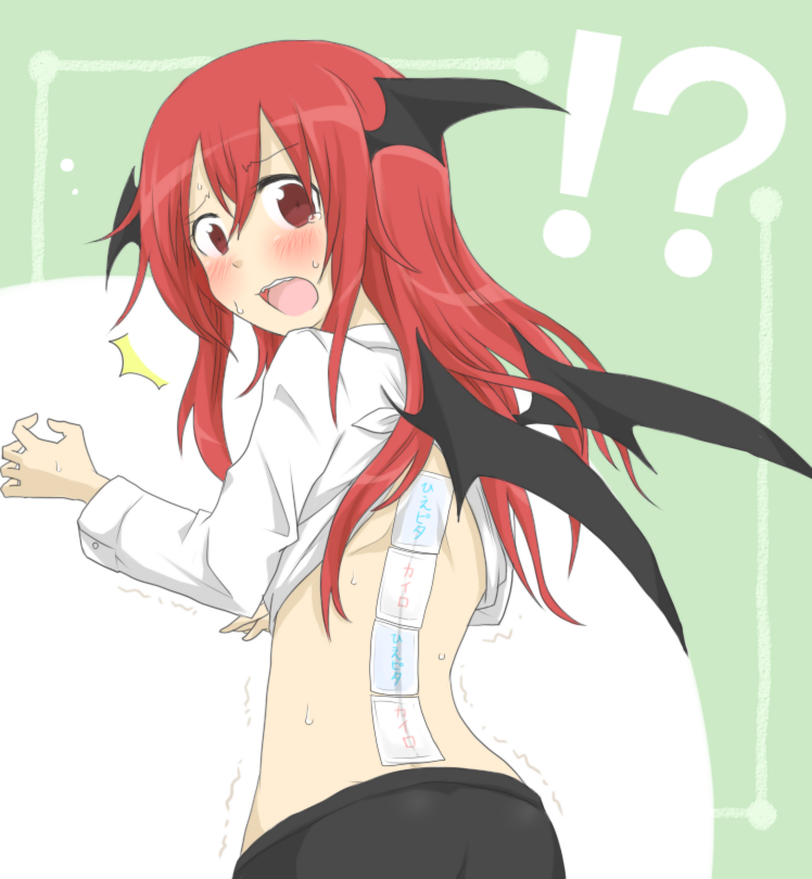 /\/\/\, 1girl, bare_back, bat_wings, blush, demon_wings, dress_shirt, head_wings