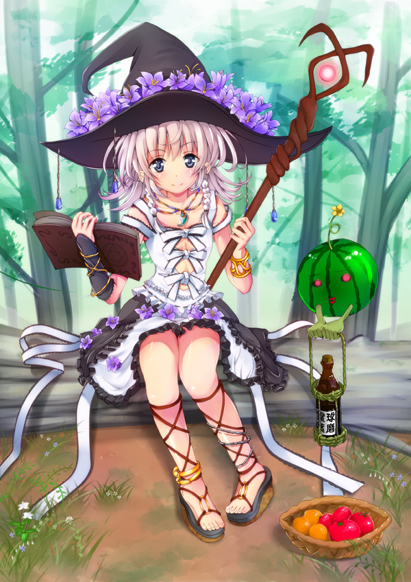 amayofuu, ankle_lace-up, anklet, bare_shoulders, blue_eyes, blush, book, circlet