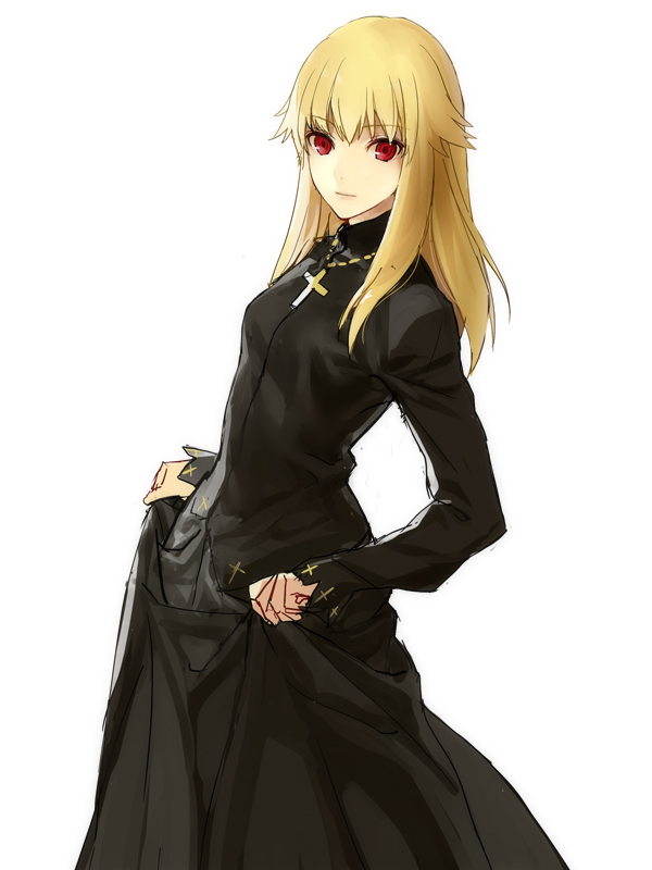 blonde_hair, cassock, cross, cross_necklace, curtsey, dress, fate/protoreplica, fate/stay_night, fate_(series), genderswap, gilgamesh, long_hair, mirucream, payot, red_eyes, skirt_hold, solo, white_background