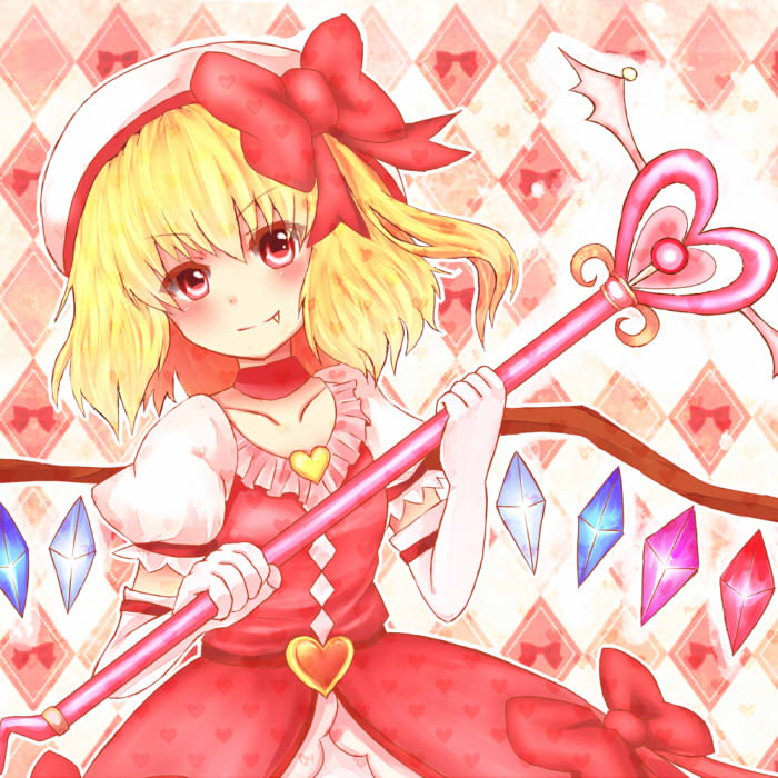 adapted_costume, blonde_hair, blush, bow, choker, collarbone, crystal, fang, flandre_scarlet, hair_bow, hat, heart, magical_girl, puffy_sleeves, raayu, red_eyes, short_hair, short_sleeves, side_ponytail, smile, solo, staff, touhou, wings