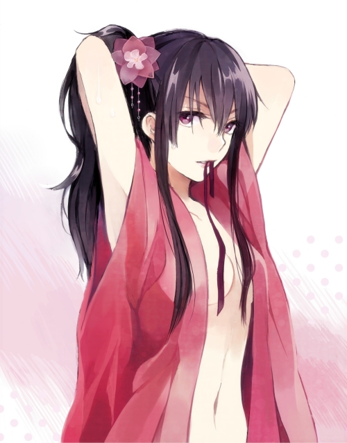 armpits, black_hair, breasts, flower, hair_ornament, long_hair, navel, original, ponytail, purple_eyes, solo, violet_eyes, white_background, zarutsu
