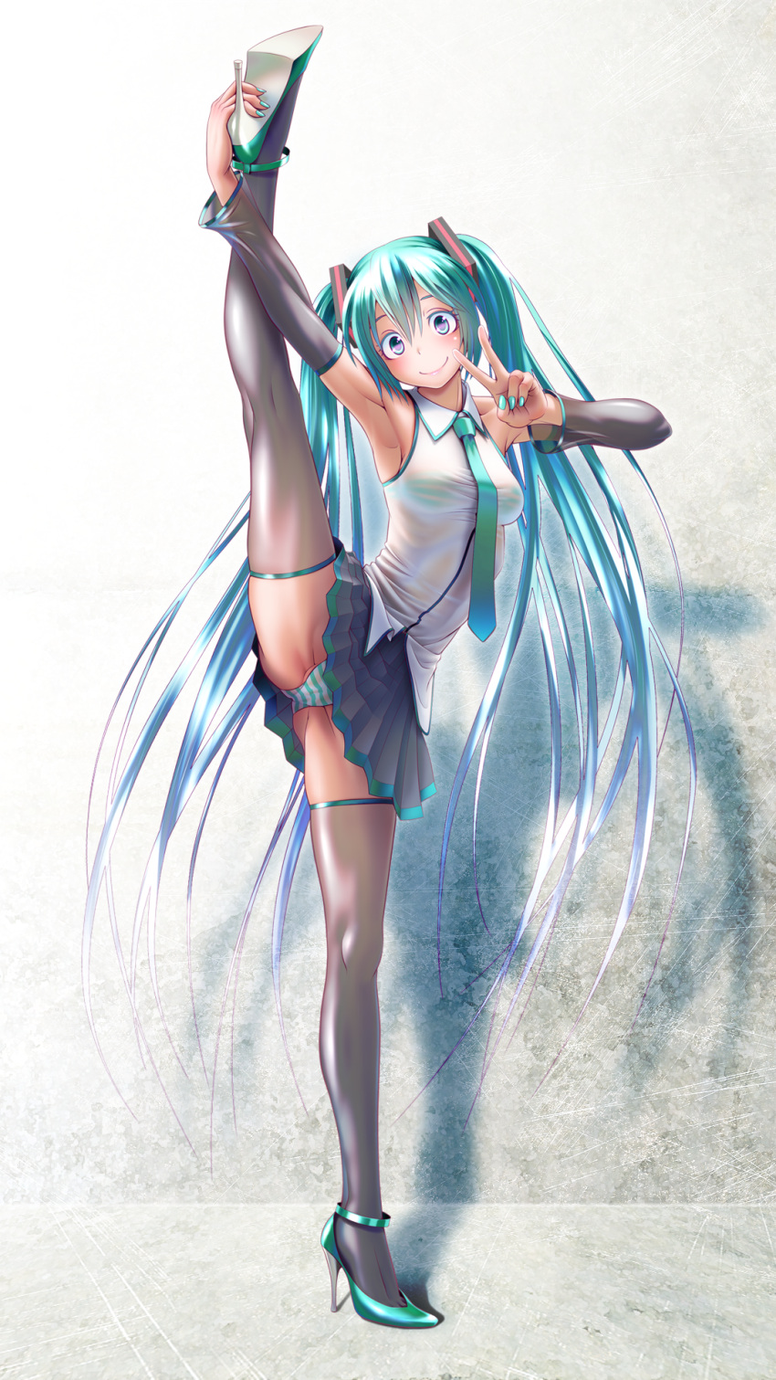 aqua_eyes, aqua_hair, arm_up, armpits, black_legwear, blush, bra, detached_sleeves, eyelashes, fingernails, flexible, hatsune_miku, high_heels, highres, leg_lift, leg_up, lips, long_hair, looking_at_viewer, nail_polish, necktie, panties, pantsu, pleated_skirt, see-through, shimapan, shoes, skirt, smile, solo, split, standing_on_one_leg, striped, striped_bra, striped_panties, thigh-highs, thighhighs, thighs, twintails, underwear, upskirt, v, very_long_hair, vocaloid, wokada