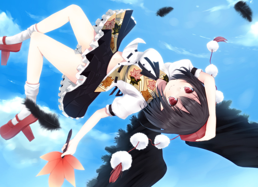 bird_wings, black_hair, black_wings, cloud, clouds, feathers, hat, ipette-k, navel, puffy_sleeves, red_eyes, shameimaru_aya, short_sleeves, sky, smile, solo, tokin_hat, touhou, wings