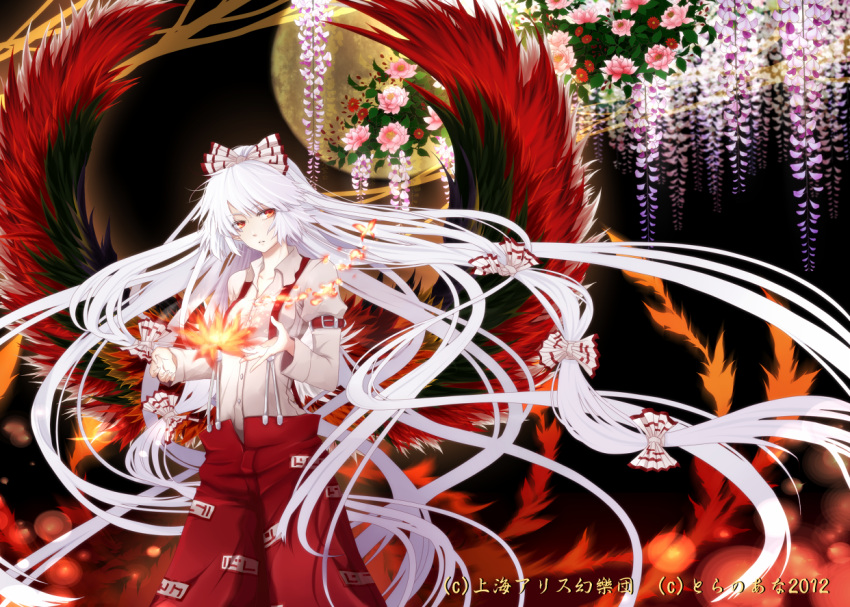 belt, bow, fire, flower, fujiwara_no_mokou, hair_bow, long_hair, long_sleeves