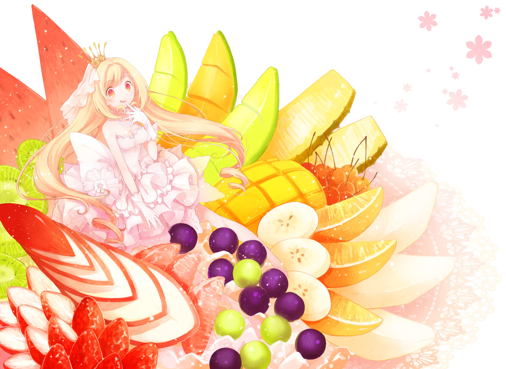 banana, bare_shoulders, blonde_hair, breasts, cherry, cleavage, crown, dress