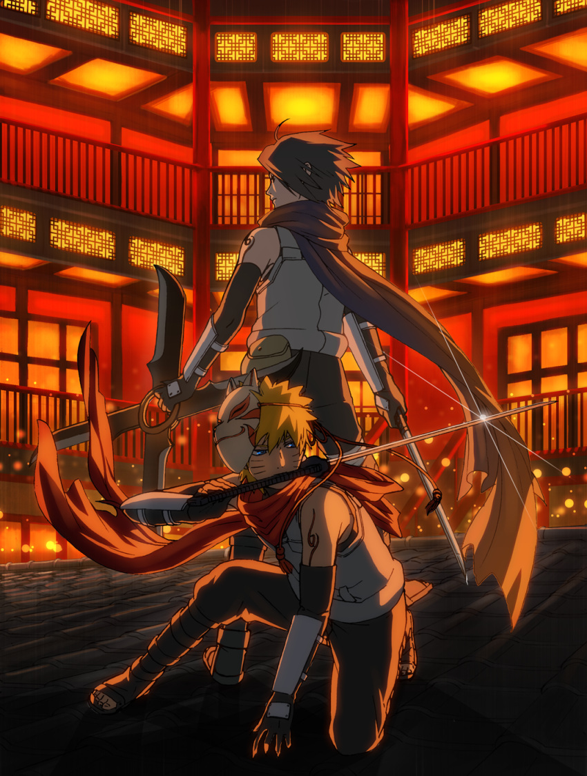 alternate_costume, anbu, bad_id, black_hair, blonde_hair, blue_eyes, building, cape