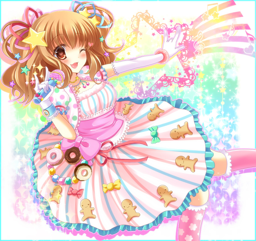 ;d, bracelet, brown_eyes, brown_hair, dress, gloves, hair_ornament, idolmaster