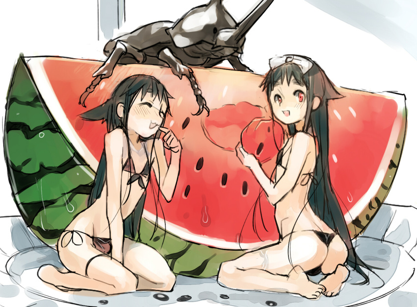 2boys, barefoot, beetle, bikini, black_hair, crossdressinging, food, fruit, long_hair, male, miniboy, multiple_boys, original, rand_(artist), red_eyes, swimsuit, thong_bikini, trap, very_long_hair, watermelon