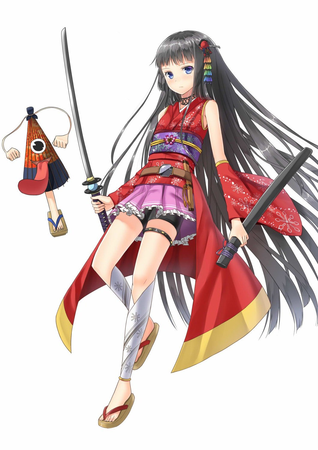 alexmaster, bike_shorts, black_hair, blue_eyes, detached_sleeves, highres, japanese_clothes, karakasa_obake