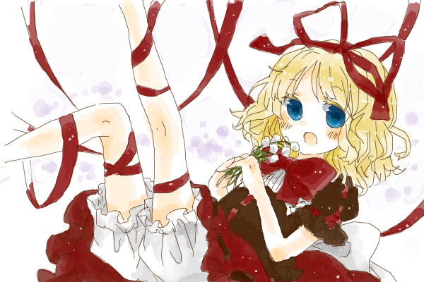 817nono, blonde_hair, bloomers, blue_eyes, blush, bow, curly_hair, flower