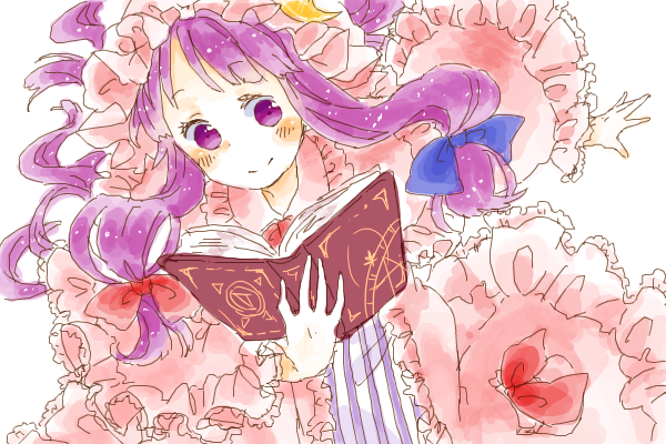 817nono, blush, book, bow, crescent, hair_bow, hat, holding