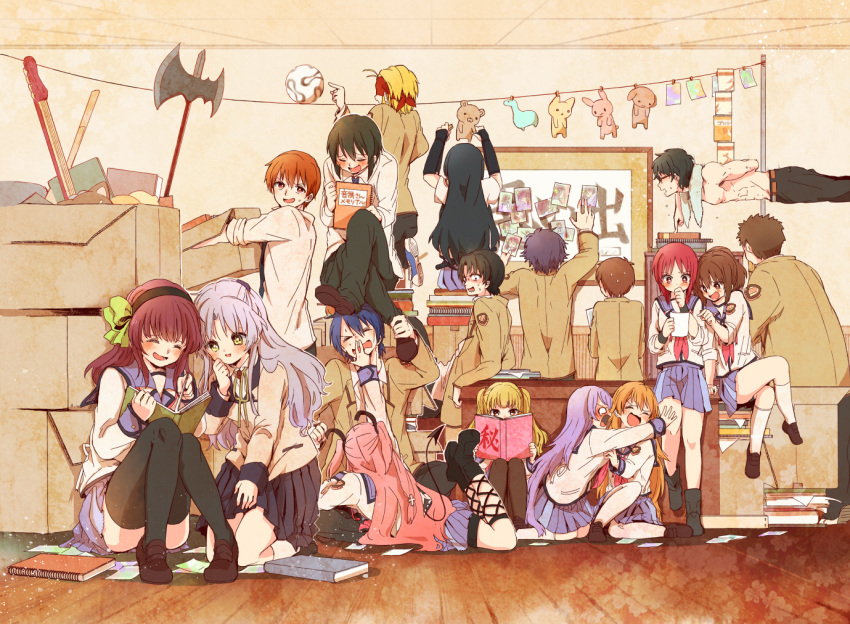 6+girls, angel_beats!, axe, ball, battle_axe, black_hair, black_legwear, blonde_hair
