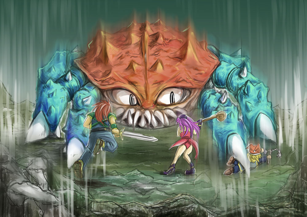 2girls, angela, charlotte_(seiken_densetsu_3), crab, duran, flail, full_metal_hugger, giant_enemy_crab