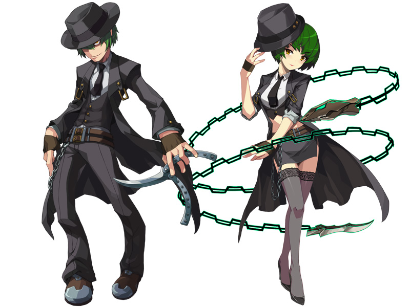 1girl, akiraka_ryomi, balisong, black_legwear, blazblue, dual_persona, fedora, fingerless_gloves