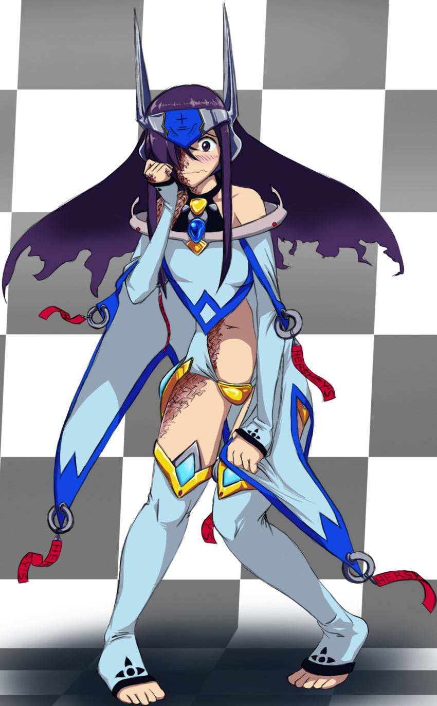 1girl, bare_shoulders, blazblue, blush, checkered, checkered_background, crotch_plate, detached_sleeves